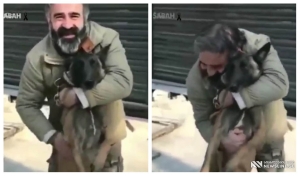 VIDEO: გადარჩენილი კაცი შეხვდა ძაღლს, რომელმაც ის ნანგრევებში იპოვა - ემოციური ვიდეო