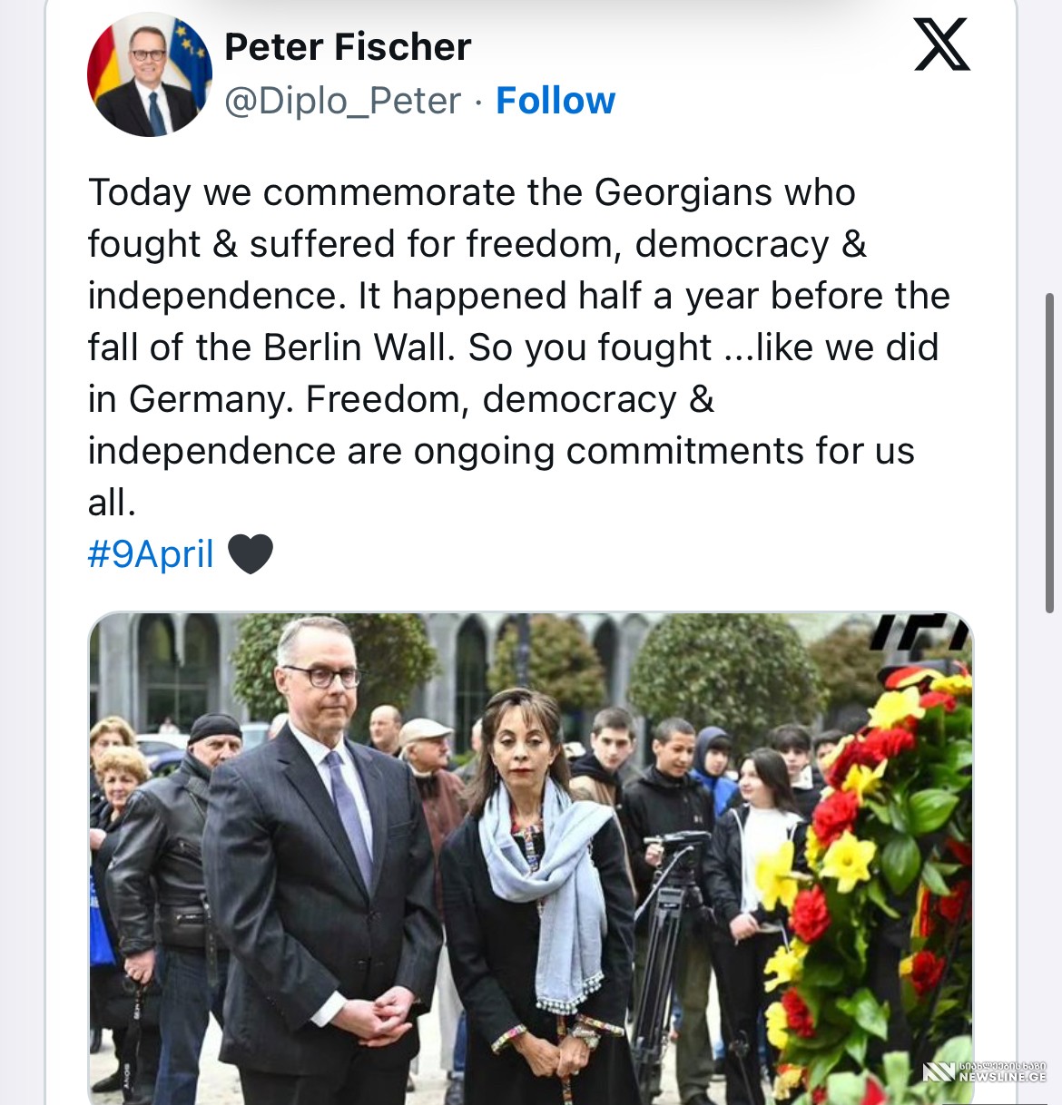 “დღეს პატივს მივაგებთ ქართველებს, რომლებიც იბრძოდნენ თავისუფლებისთვის, დემოკრატიისა და დამოუკიდებლობისთვის” - პეტერ ფიშერის განცხადება